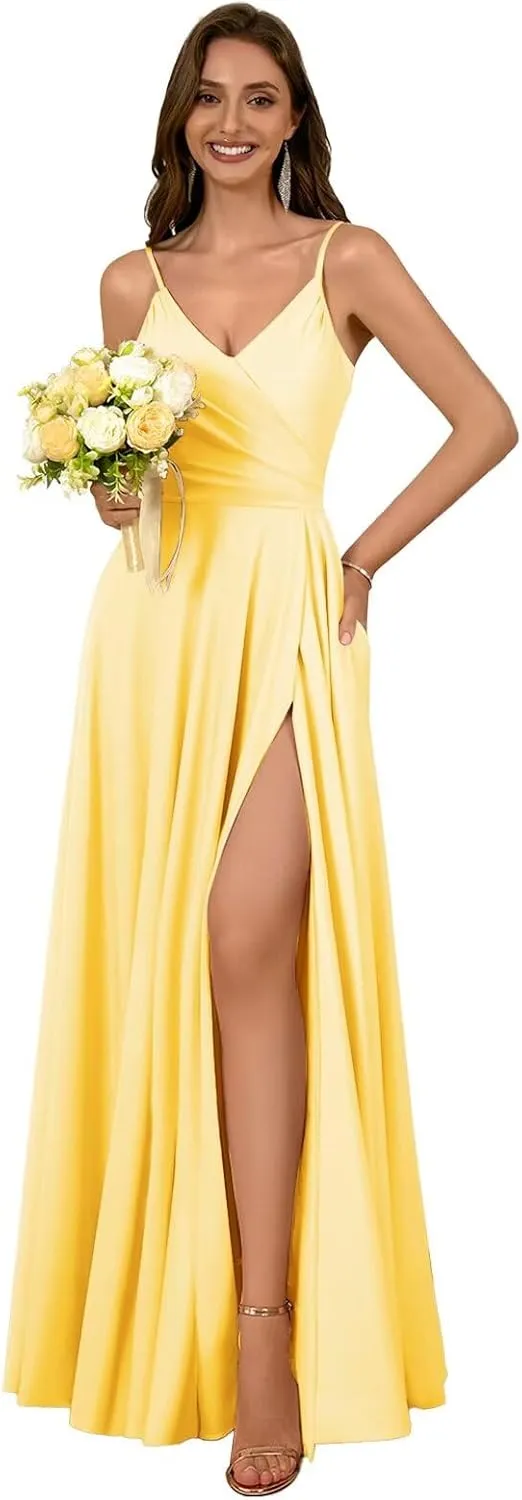 Dymaisei Satin Bridesmaid Dresses Spaghetti Straps V Neck Prom Dresses A Line Formal Party Dress with Slit