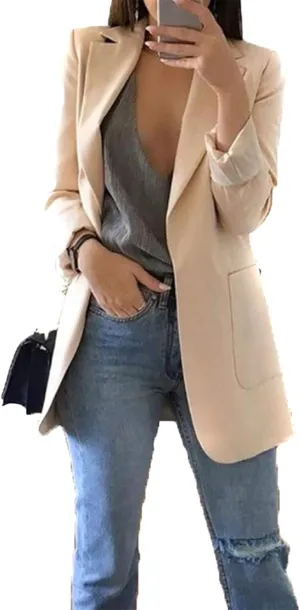 EFOFEI Women's Solid Color Blazer Round Neck Jackets Casual Slim Fit Long Sleeve Blazer Plus Size