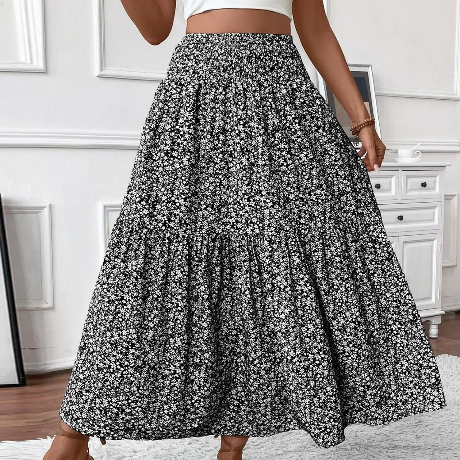 Elastic High Waist Flowy Maxi Skirts Women Boho Floral Tiered Pleated Summer Casual Long Beach Skirt