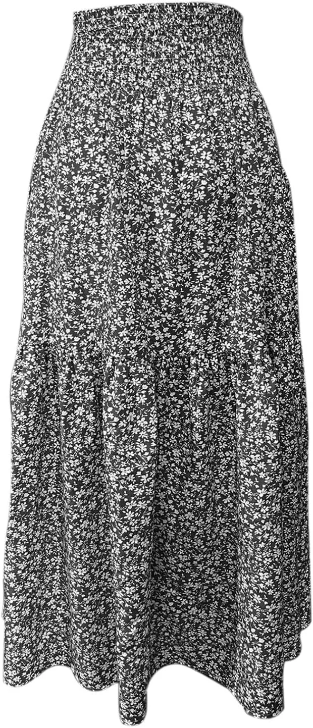 Elastic High Waist Flowy Maxi Skirts Women Boho Floral Tiered Pleated Summer Casual Long Beach Skirt