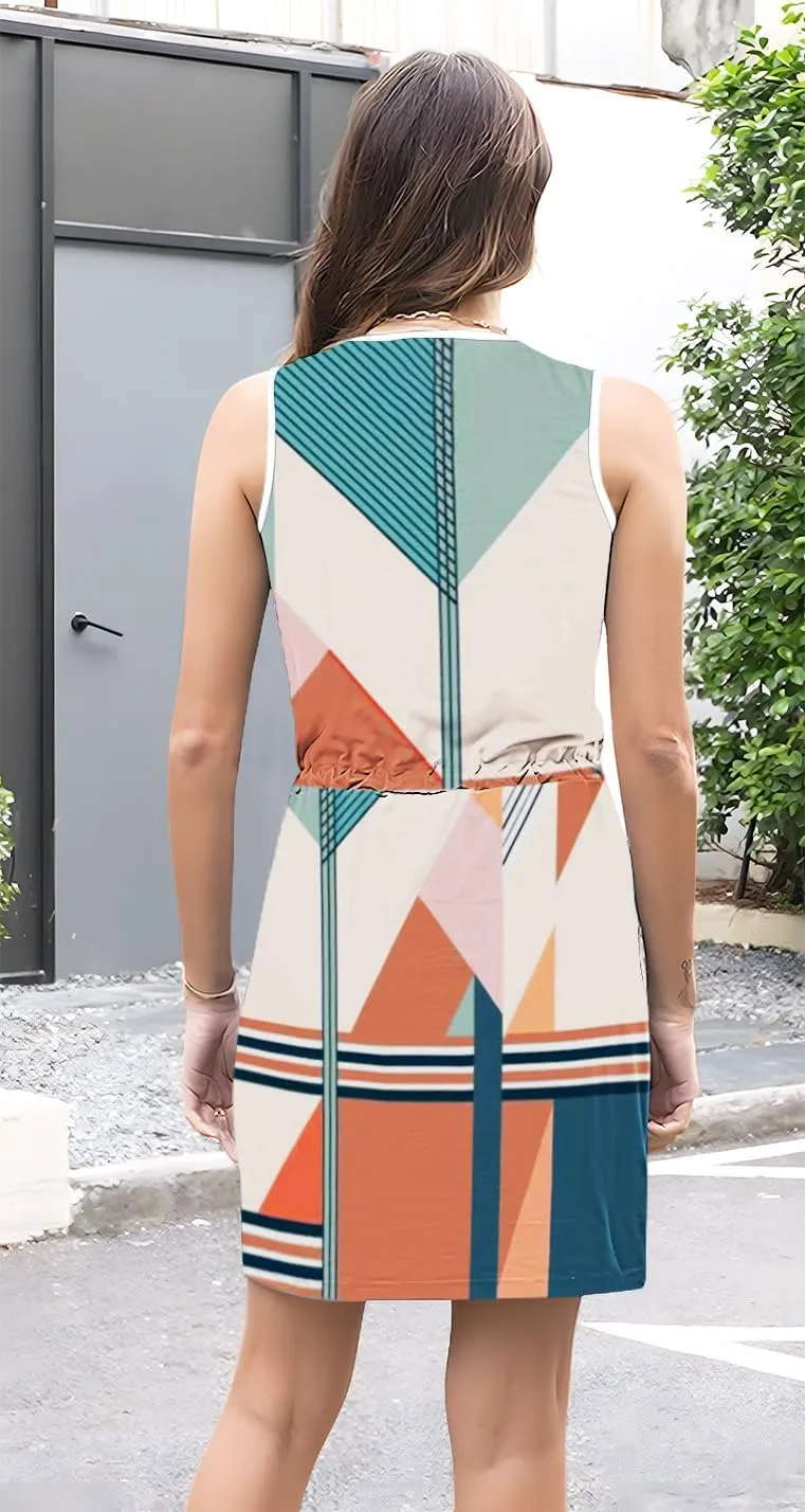 ETCYY Womens Summer Casual Dresses Sleeveless Beach Vacation Sundresses Drawstring Waist Short Striped Dress with Pockets