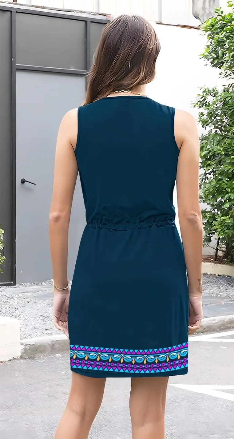 ETCYY Womens Summer Casual Dresses Sleeveless Beach Vacation Sundresses Drawstring Waist Short Striped Dress with Pockets