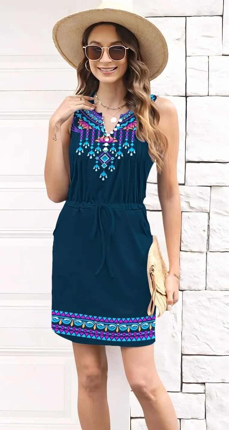 ETCYY Womens Summer Casual Dresses Sleeveless Beach Vacation Sundresses Drawstring Waist Short Striped Dress with Pockets