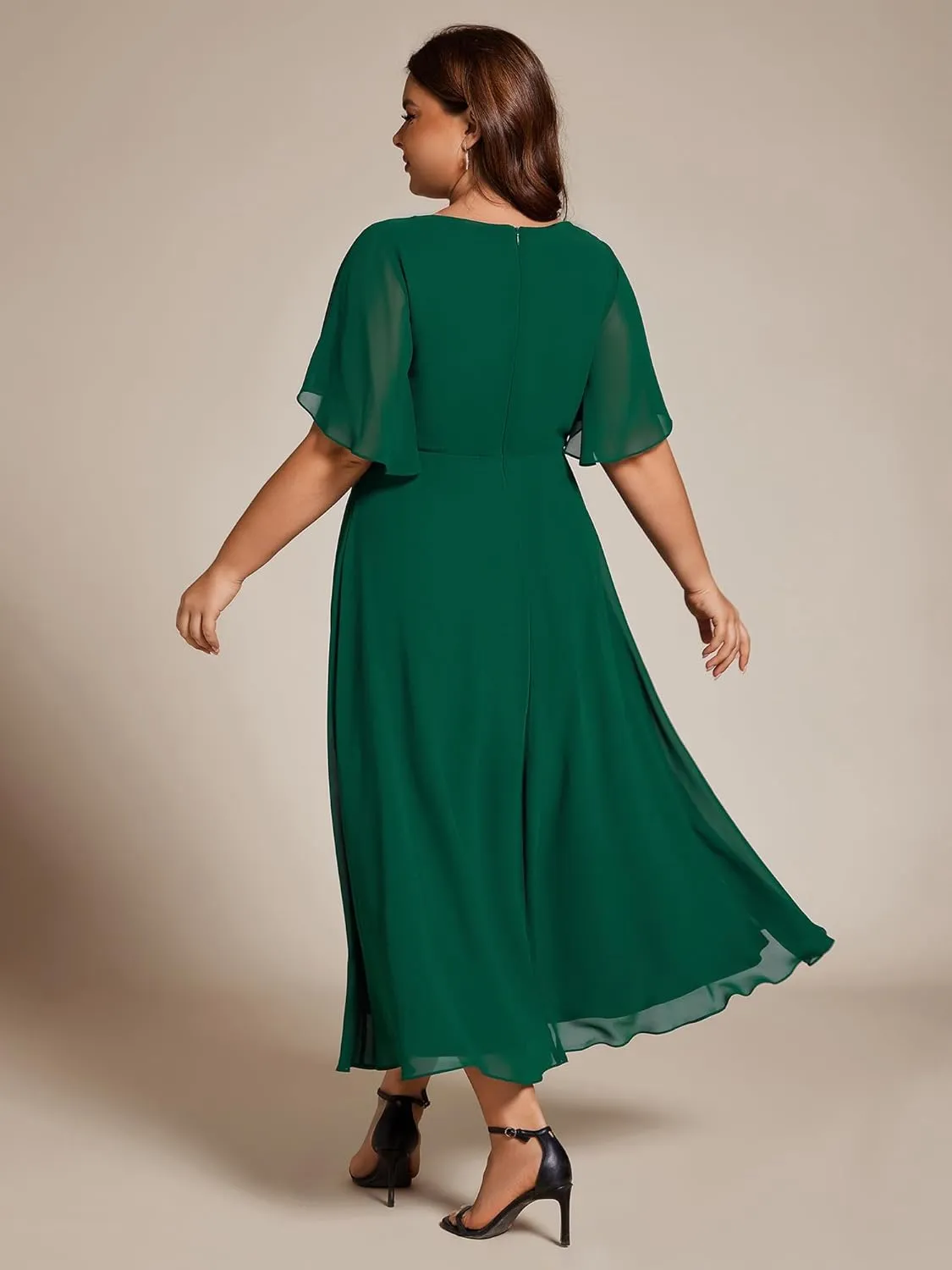 Ever-Pretty Women's V Neck Pleated Chiffon Applique Ruffles Sleeves Maxi Plus Size Formal Wedding Guest Dresses