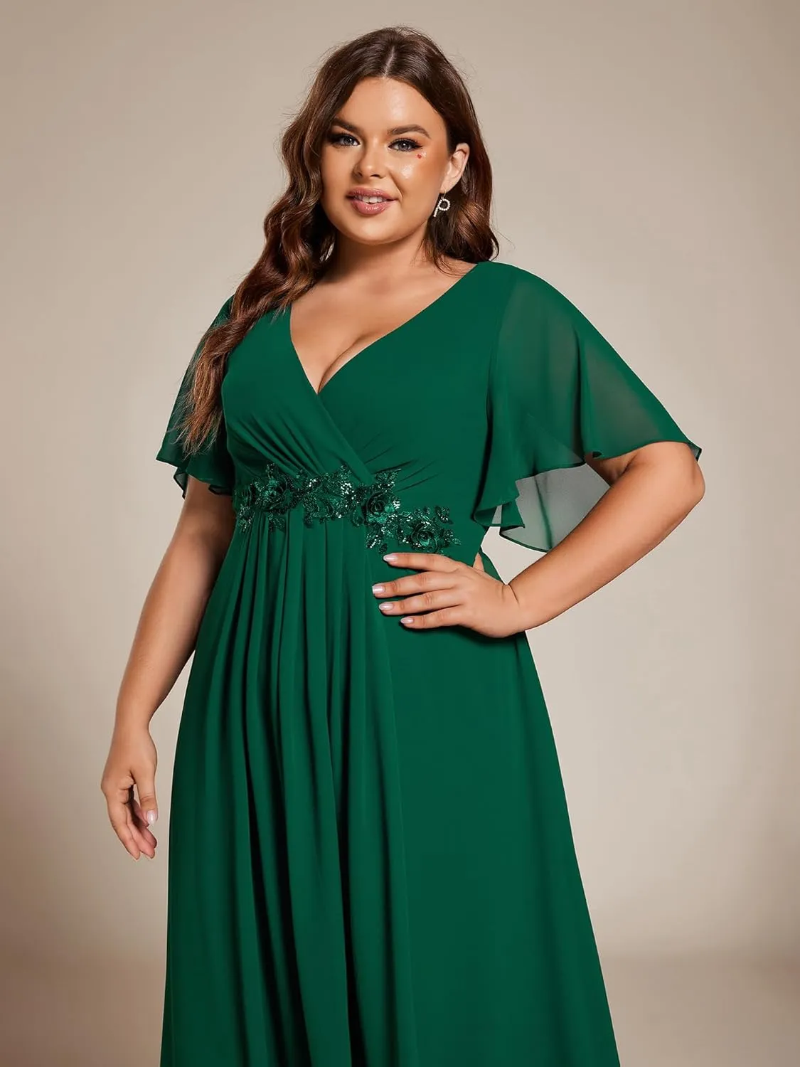 Ever-Pretty Women's V Neck Pleated Chiffon Applique Ruffles Sleeves Maxi Plus Size Formal Wedding Guest Dresses