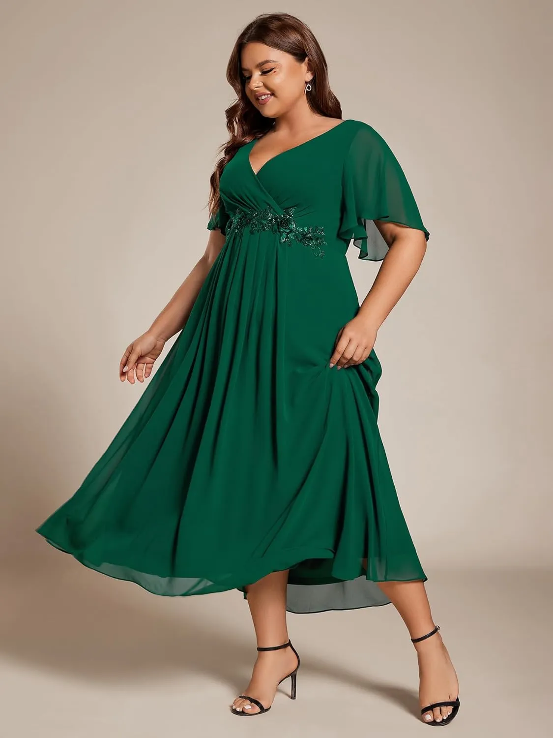 Ever-Pretty Women's V Neck Pleated Chiffon Applique Ruffles Sleeves Maxi Plus Size Formal Wedding Guest Dresses