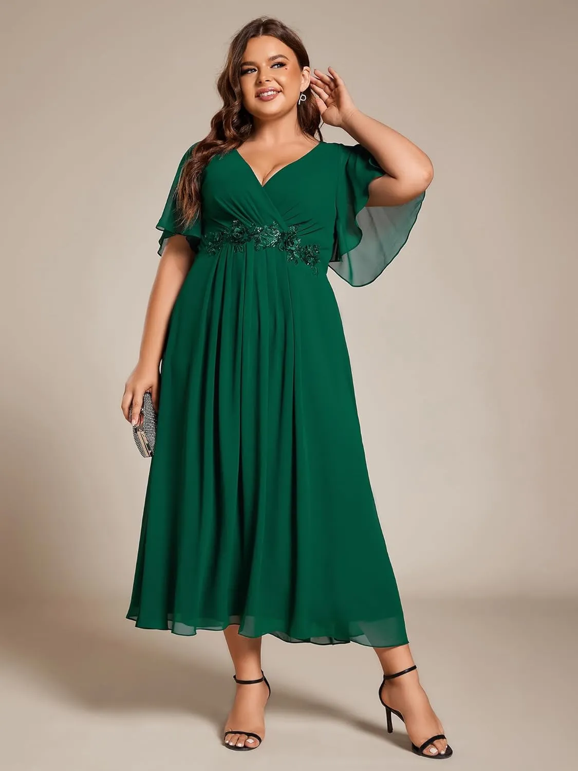 Ever-Pretty Women's V Neck Pleated Chiffon Applique Ruffles Sleeves Maxi Plus Size Formal Wedding Guest Dresses