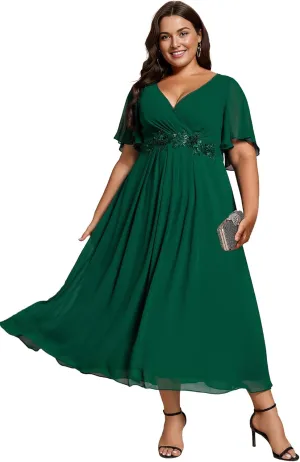 Ever-Pretty Women's V Neck Pleated Chiffon Applique Ruffles Sleeves Maxi Plus Size Formal Wedding Guest Dresses