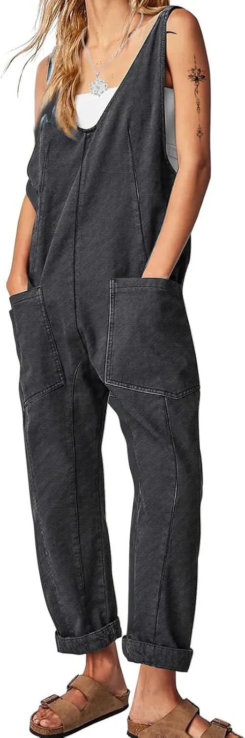 EXLURA Women Summer High Roller Denim Jumpsuits Casual Loose Beach Vacation Trendy Fashion Overalls Jeans Romper Pockets 2025