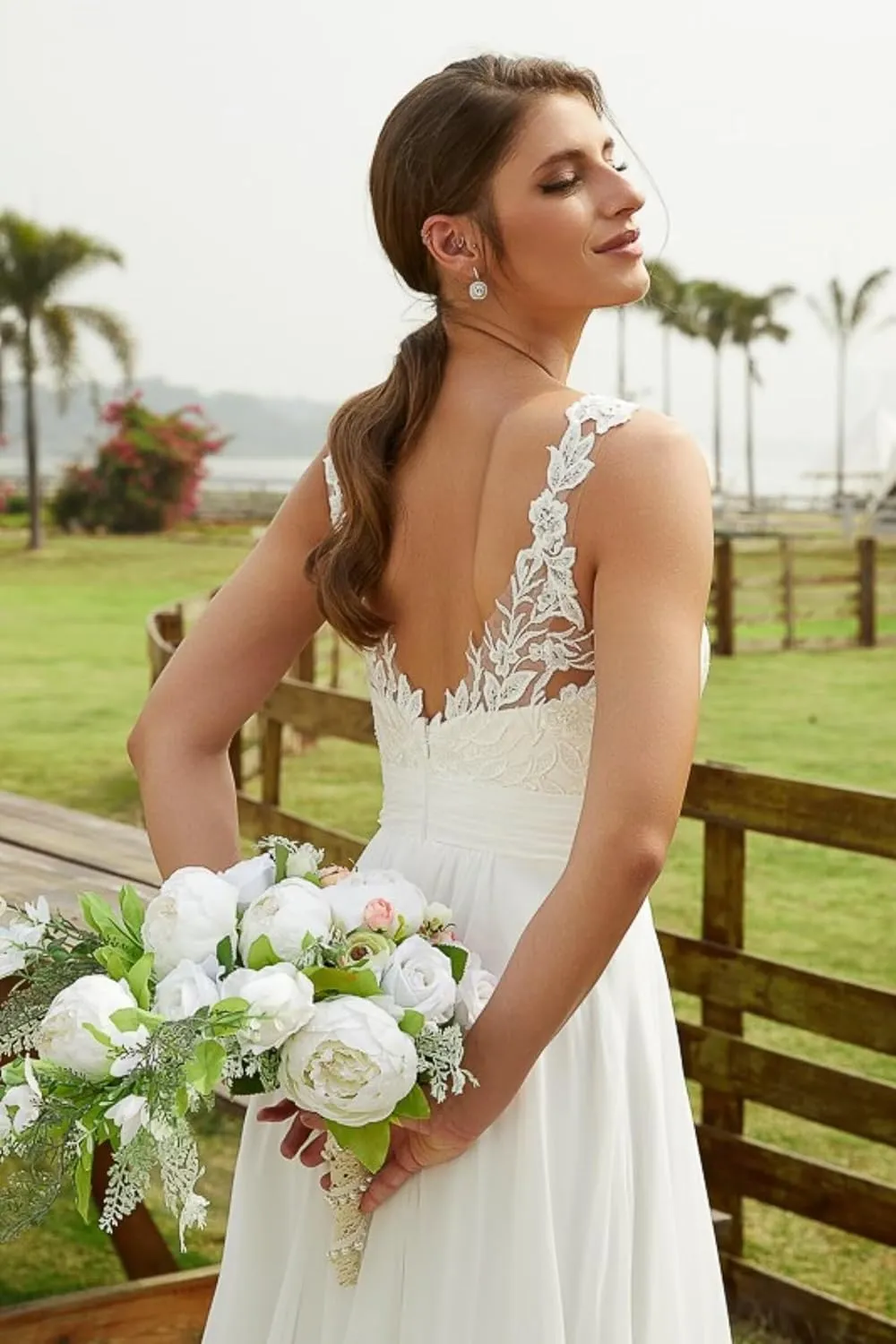 Fair Lady Wedding Dresses for Women Bride Boho Off Shoulder Lace Appliques A Line Chiffon V Neck Bridal Gowns with Train