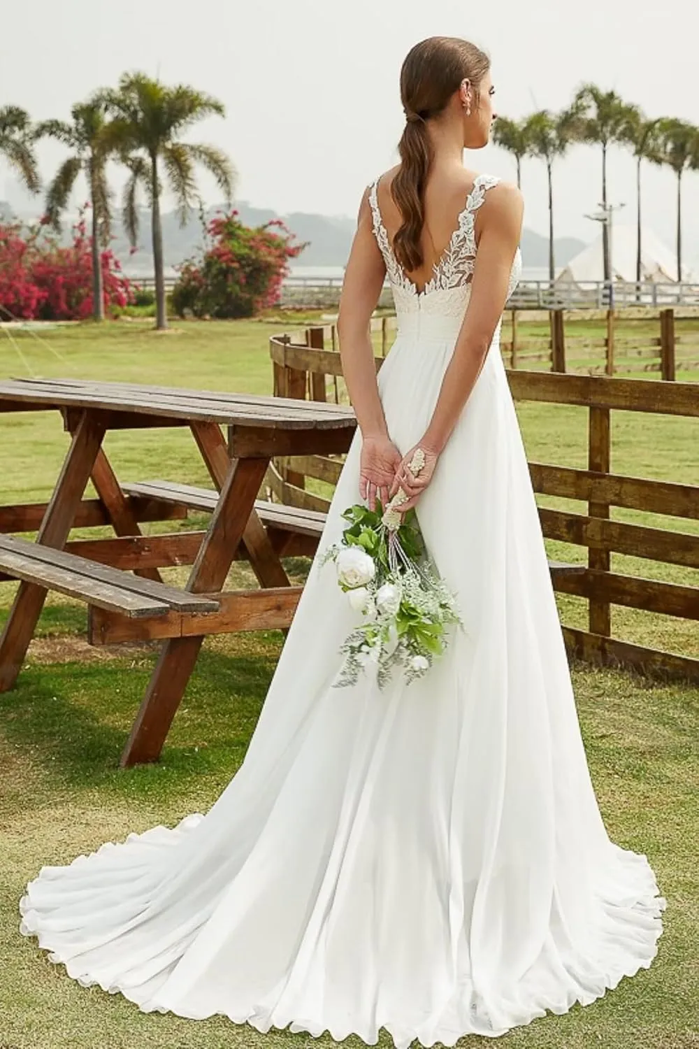 Fair Lady Wedding Dresses for Women Bride Boho Off Shoulder Lace Appliques A Line Chiffon V Neck Bridal Gowns with Train