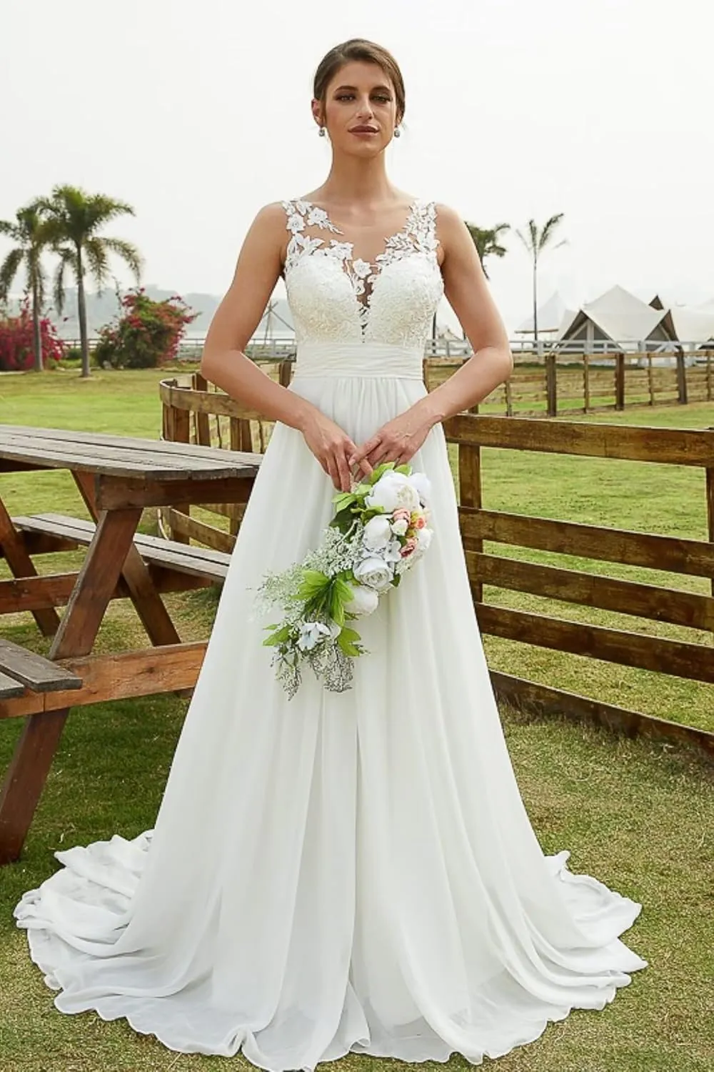 Fair Lady Wedding Dresses for Women Bride Boho Off Shoulder Lace Appliques A Line Chiffon V Neck Bridal Gowns with Train