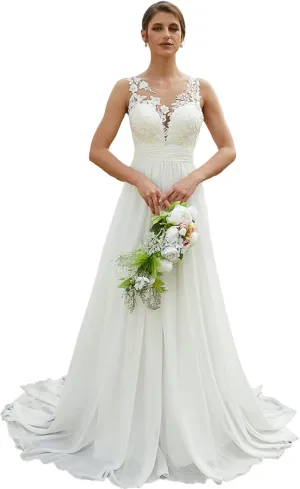Fair Lady Wedding Dresses for Women Bride Boho Off Shoulder Lace Appliques A Line Chiffon V Neck Bridal Gowns with Train
