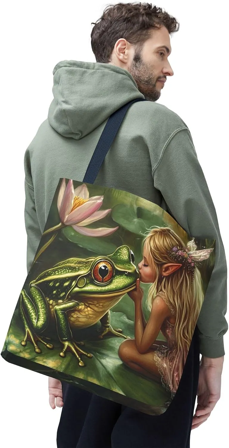 Fairy Tale Tote Bag, Princess and Frog Illustration, Magical Reusable Shopping Bag, Storybook Merch, Fairytale Gift,