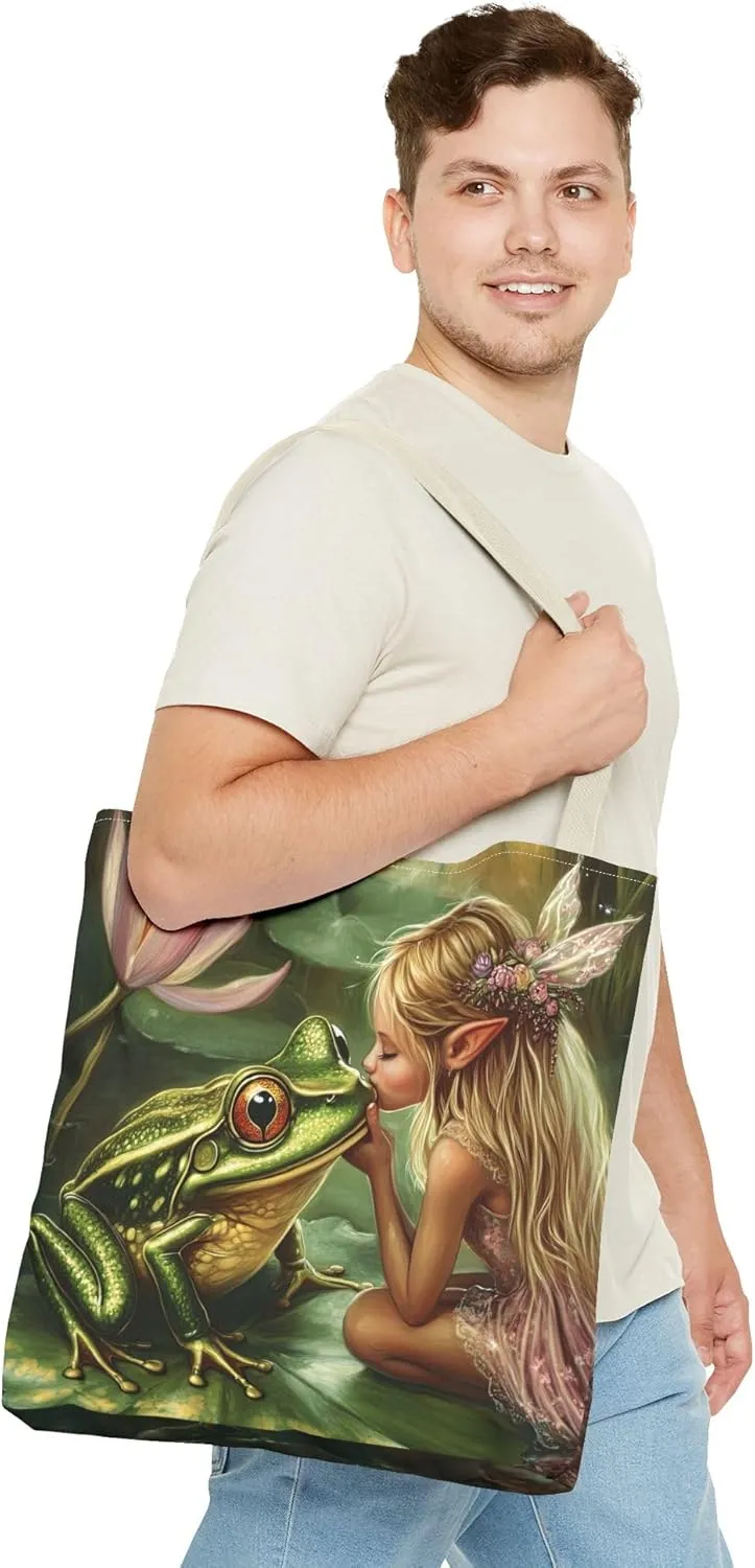 Fairy Tale Tote Bag, Princess and Frog Illustration, Magical Reusable Shopping Bag, Storybook Merch, Fairytale Gift,