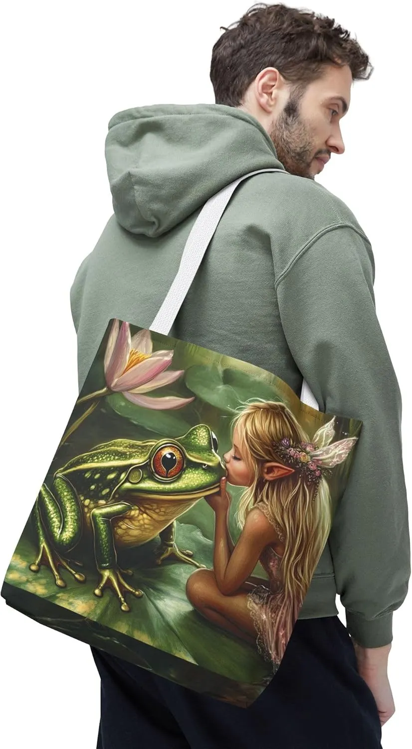 Fairy Tale Tote Bag, Princess and Frog Illustration, Magical Reusable Shopping Bag, Storybook Merch, Fairytale Gift,