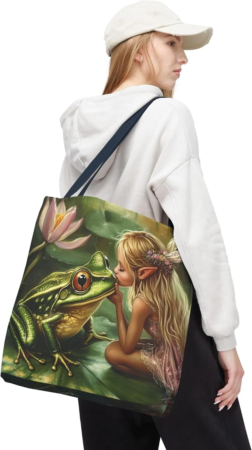 Fairy Tale Tote Bag, Princess and Frog Illustration, Magical Reusable Shopping Bag, Storybook Merch, Fairytale Gift,