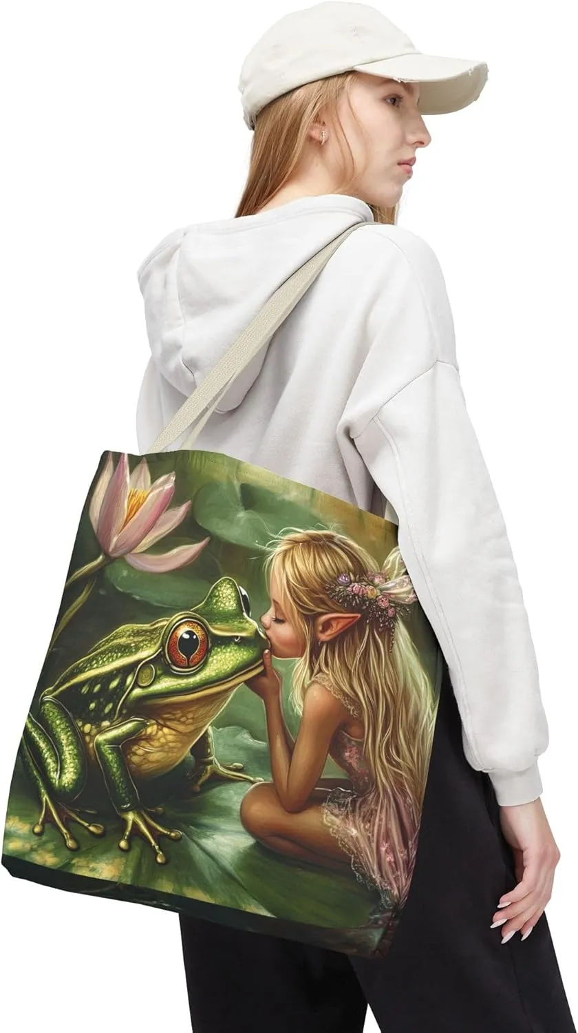 Fairy Tale Tote Bag, Princess and Frog Illustration, Magical Reusable Shopping Bag, Storybook Merch, Fairytale Gift,