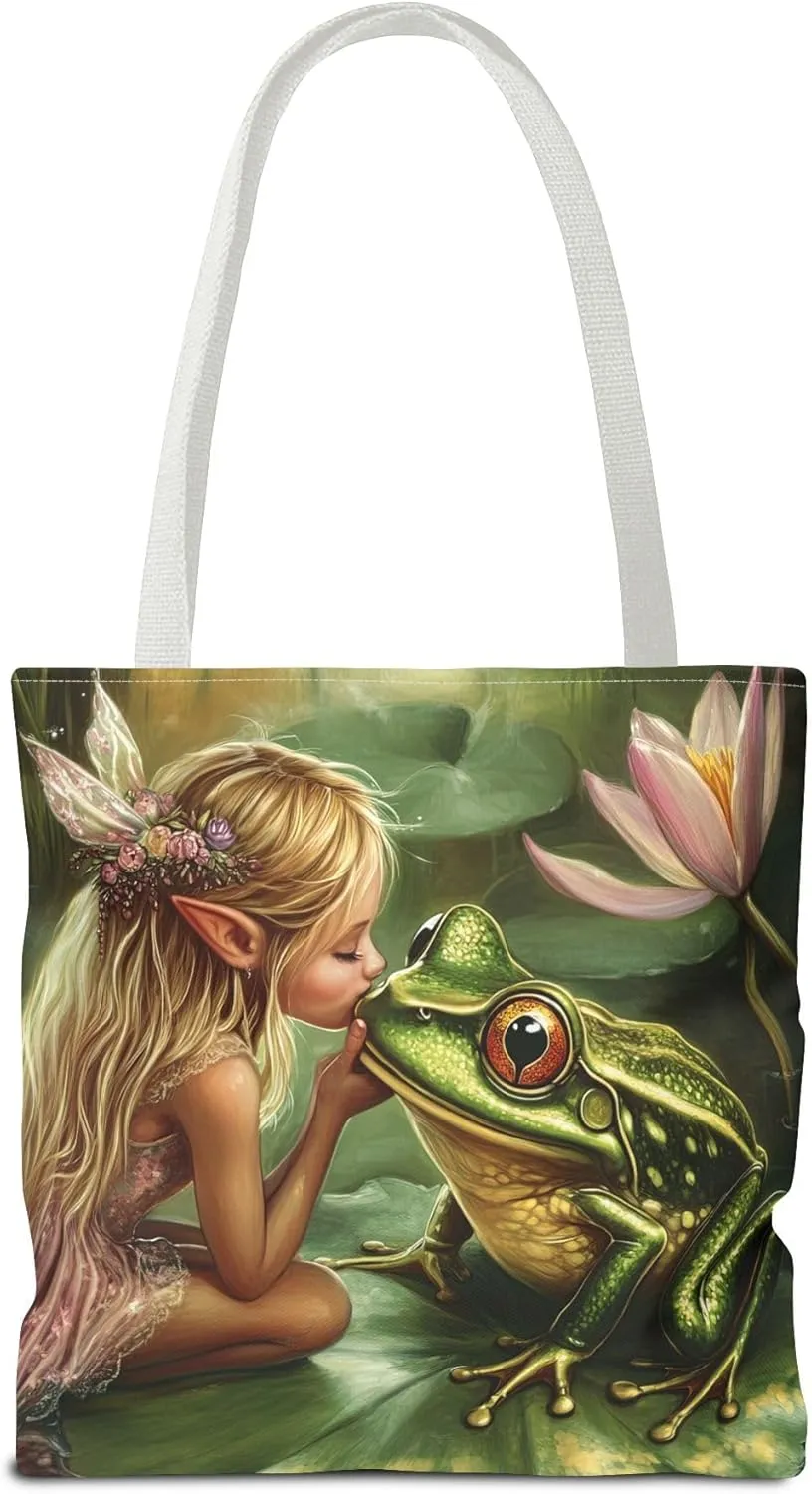 Fairy Tale Tote Bag, Princess and Frog Illustration, Magical Reusable Shopping Bag, Storybook Merch, Fairytale Gift,