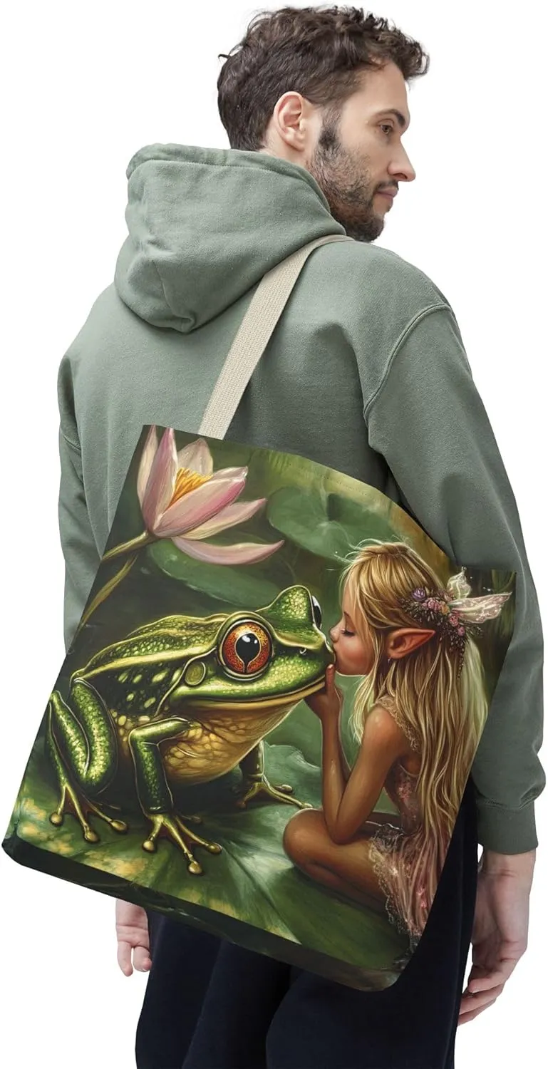 Fairy Tale Tote Bag, Princess and Frog Illustration, Magical Reusable Shopping Bag, Storybook Merch, Fairytale Gift,