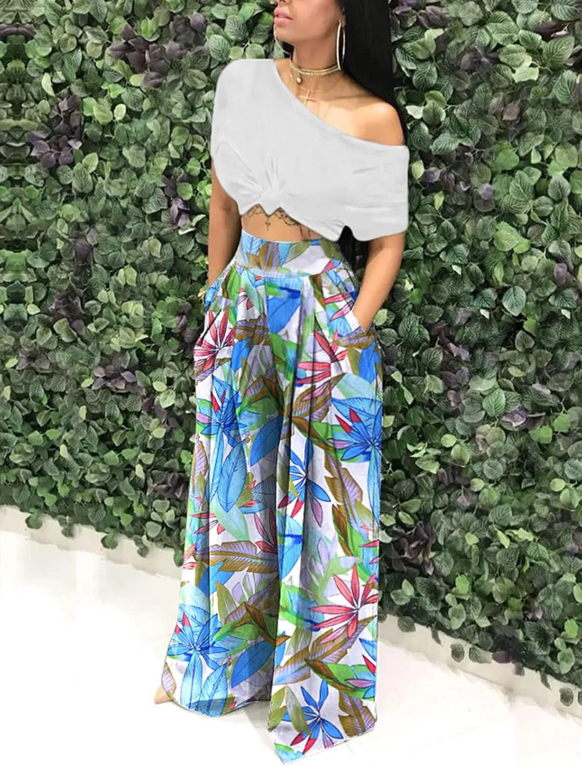 Famnbro Women's Floral Print Palazzo Pants Loose Fit Elastic High Waist Long Wide Leg Trousers Plus Size