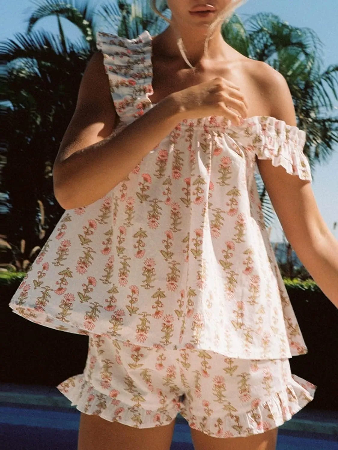 Farktop Womens Floral Print Pajama Sets Ruffle Trim Cami and Casual Shorts 2 Piece Lounge Set PJ