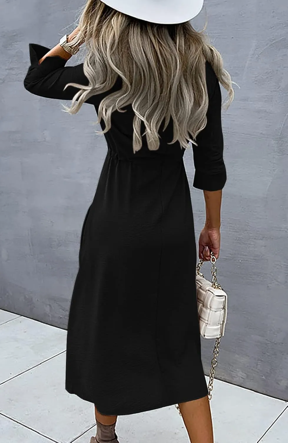 Febriajuce Women's 3/4 Sleeve Midi Dress Casual Drawstring Belted Round Neck Plain Tie Waist Loose High Waist Long Dress