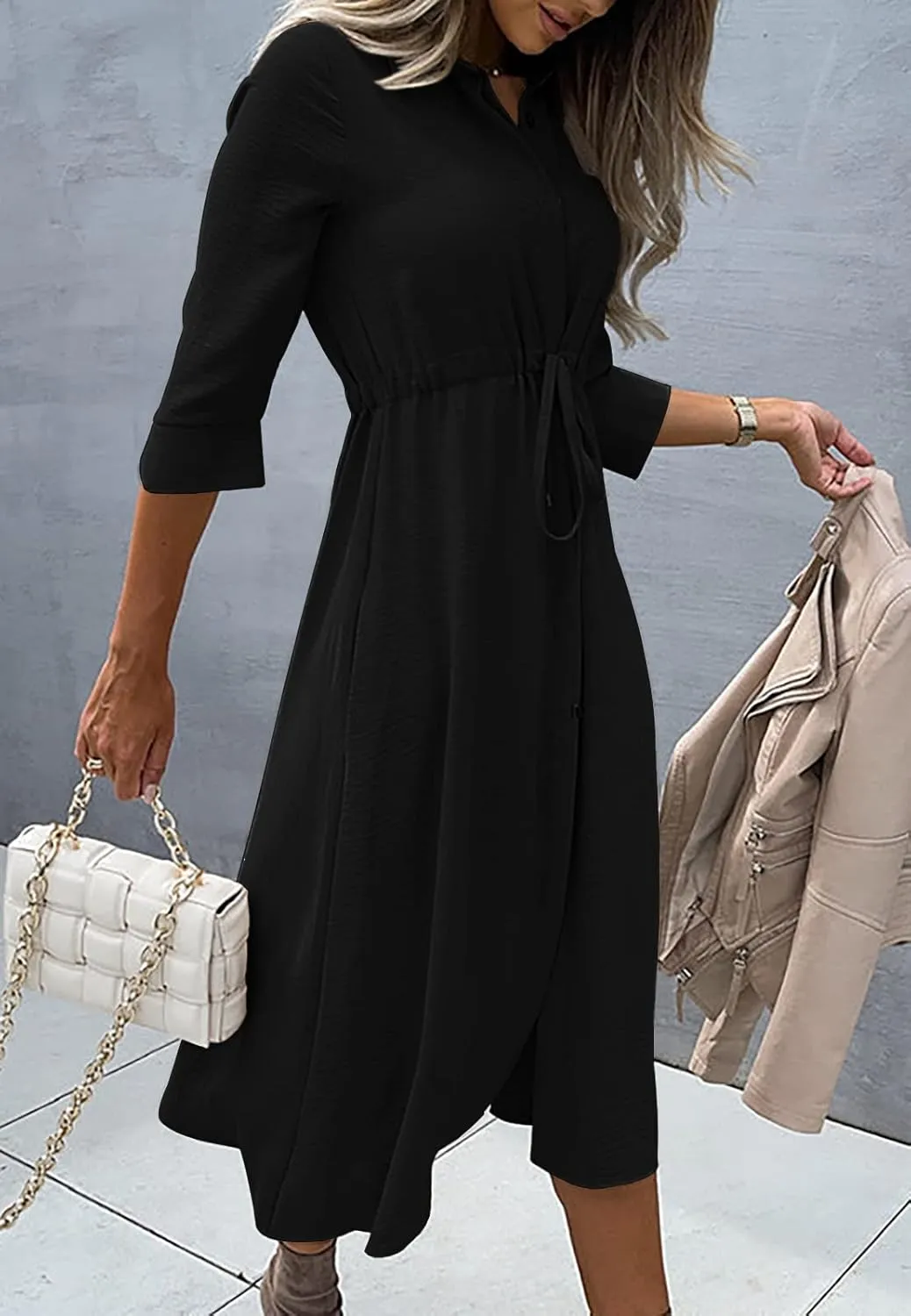 Febriajuce Women's 3/4 Sleeve Midi Dress Casual Drawstring Belted Round Neck Plain Tie Waist Loose High Waist Long Dress