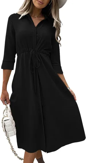 Febriajuce Women's 3/4 Sleeve Midi Dress Casual Drawstring Belted Round Neck Plain Tie Waist Loose High Waist Long Dress