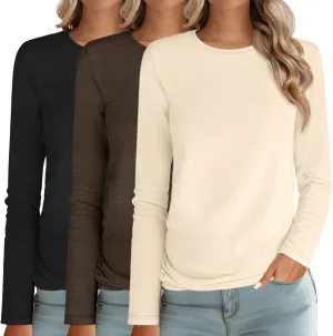 Ficerd 3 Packs Women's Long Sleeve Shirts Crew Neck Shirts 2025 Fall Tops Basic Tee Casual Loose Fit Clothes Outfits Blouse