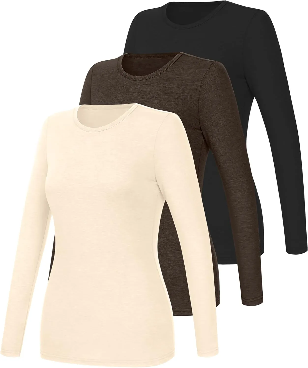 Ficerd 3 Packs Women's Long Sleeve Shirts Crew Neck Shirts 2025 Fall Tops Basic Tee Casual Loose Fit Clothes Outfits Blouse