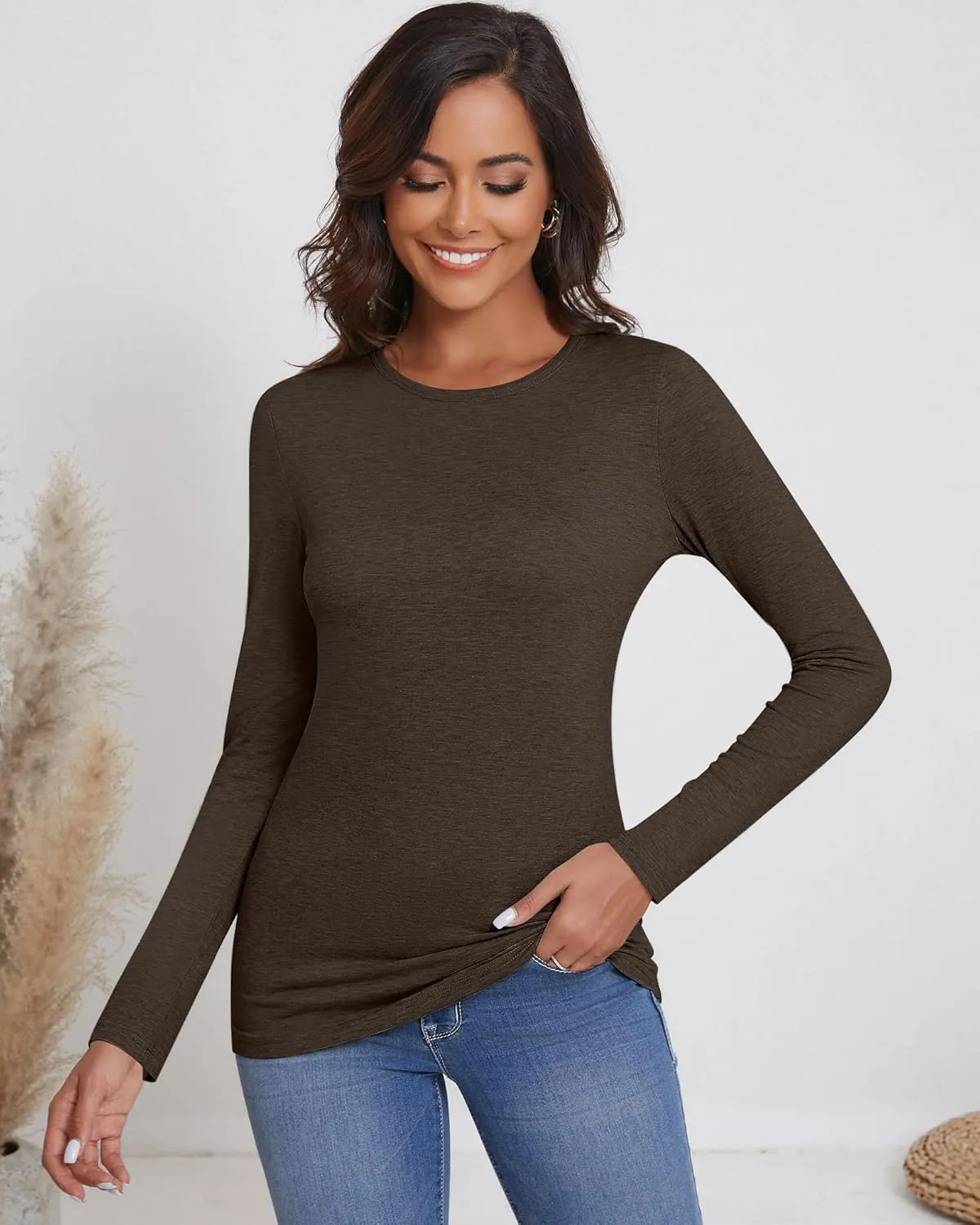 Ficerd 3 Packs Women's Long Sleeve Shirts Crew Neck Shirts 2025 Fall Tops Basic Tee Casual Loose Fit Clothes Outfits Blouse