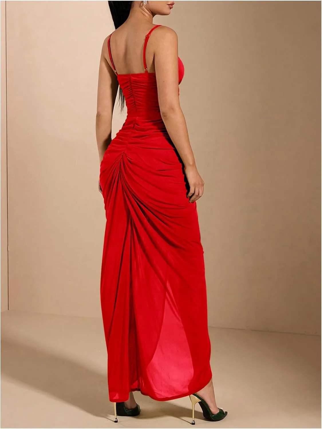 Floerns Women's Ruffle Ruched Cami Dress Draped Split Elegant Bodycon Maxi Dresses