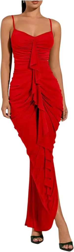 Floerns Women's Ruffle Ruched Cami Dress Draped Split Elegant Bodycon Maxi Dresses