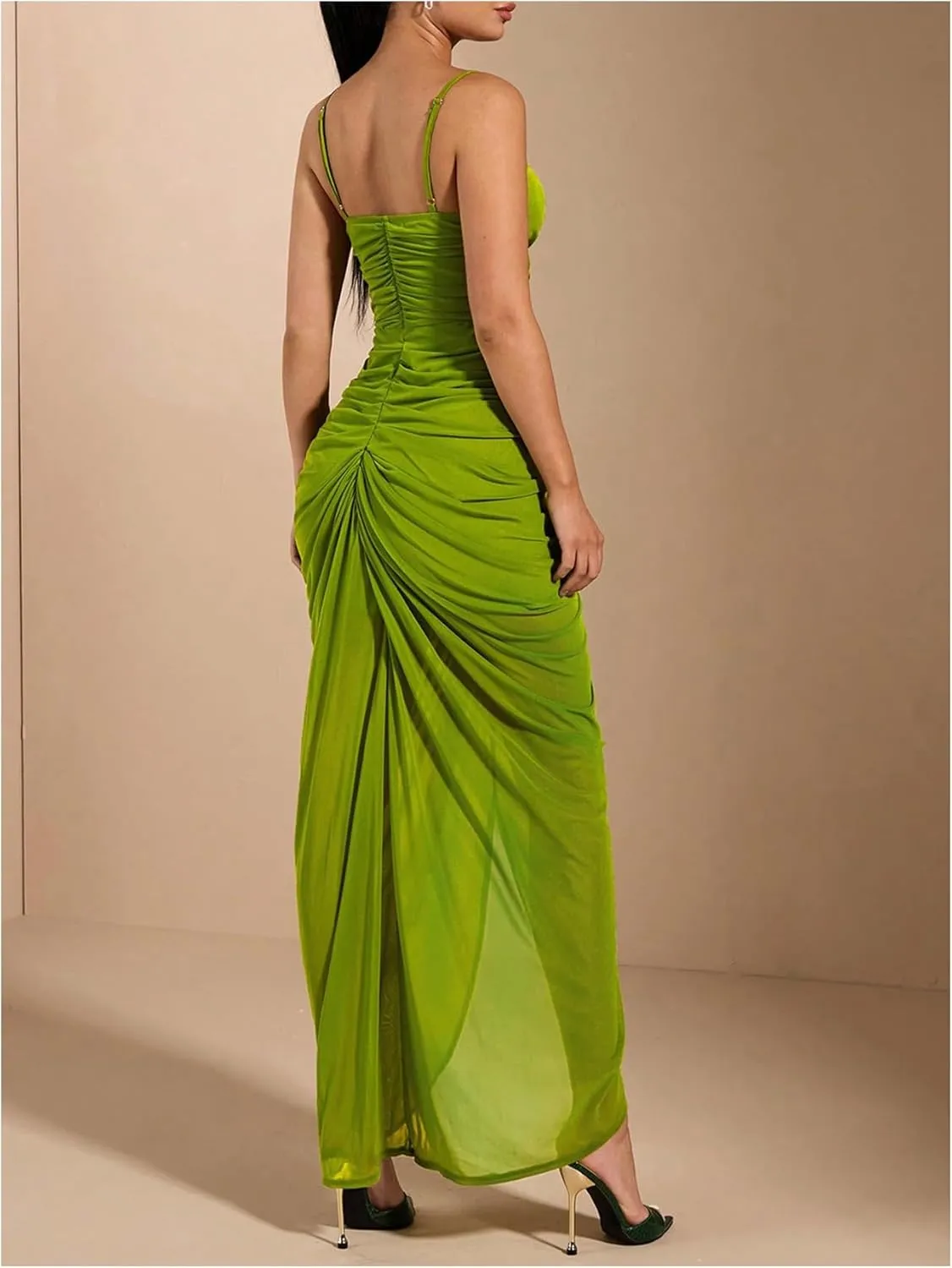 Floerns Women's Ruffle Ruched Cami Dress Draped Split Elegant Bodycon Maxi Dresses