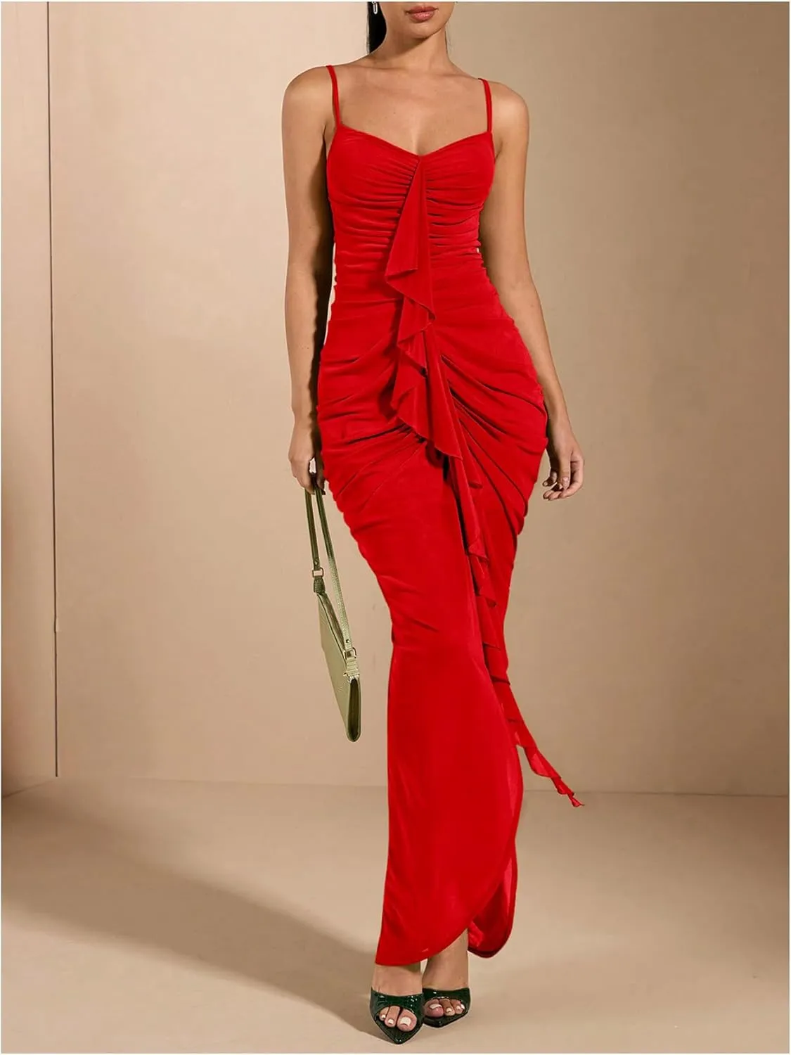 Floerns Women's Ruffle Ruched Cami Dress Draped Split Elegant Bodycon Maxi Dresses