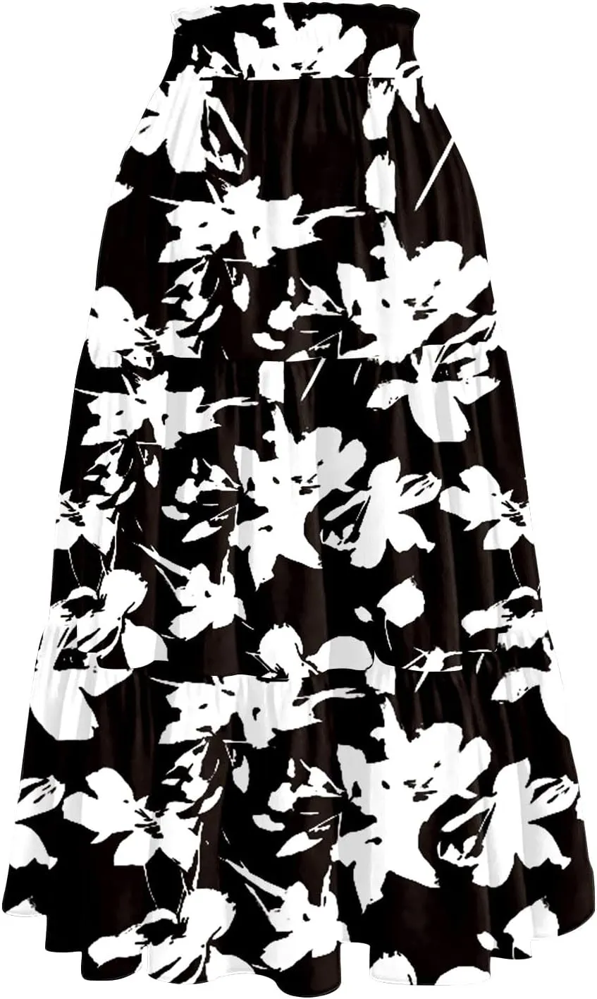 Floral Midi Skirts for Women Summer Boho Smocked High Waisted Skirt Vacation A-Line Long Flowy Skirts with Pockets