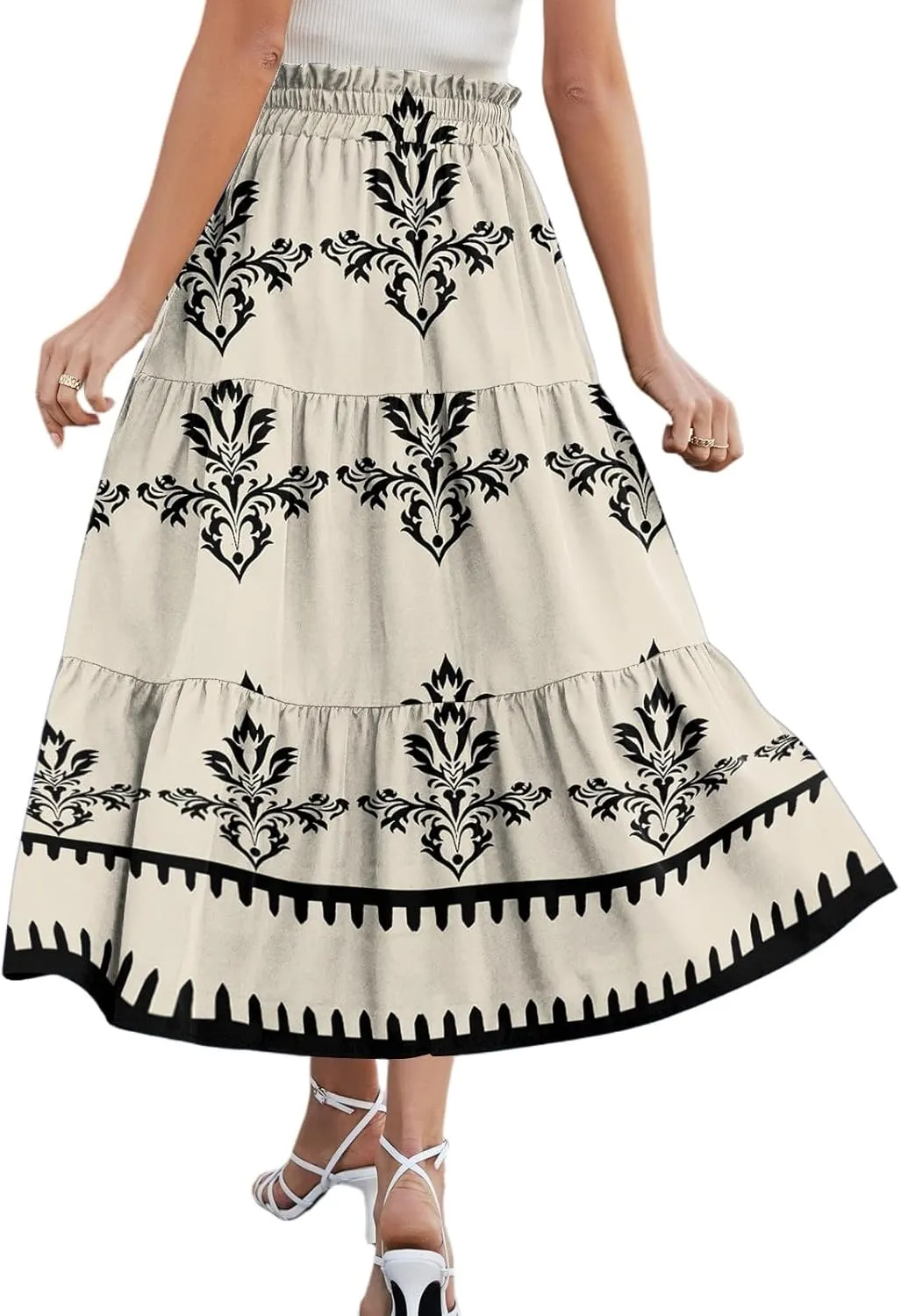 Floral Midi Skirts for Women Summer Tiered Drawstring High Waist Mid Calf Skirts Pleated A-Line Boho Skirt with Pocket