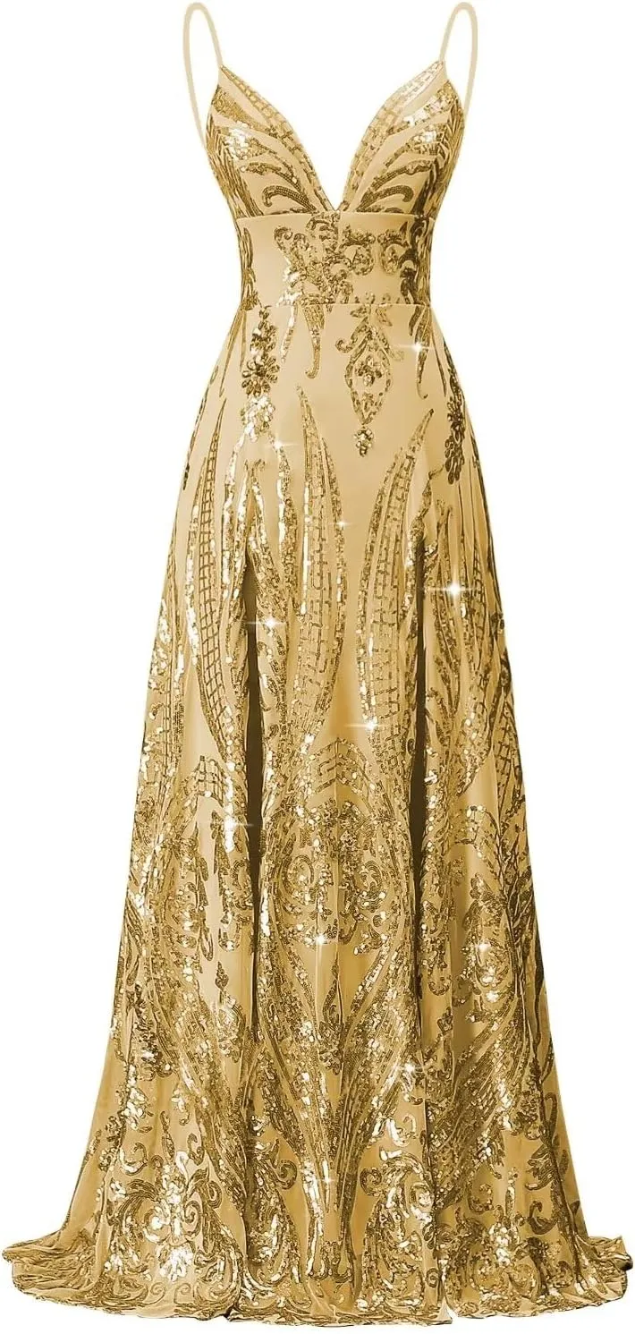 Floral Sequin Prom Dresses Spaghetti Straps Ball Gown Plus Size Formal Dresses for Women Evening Party