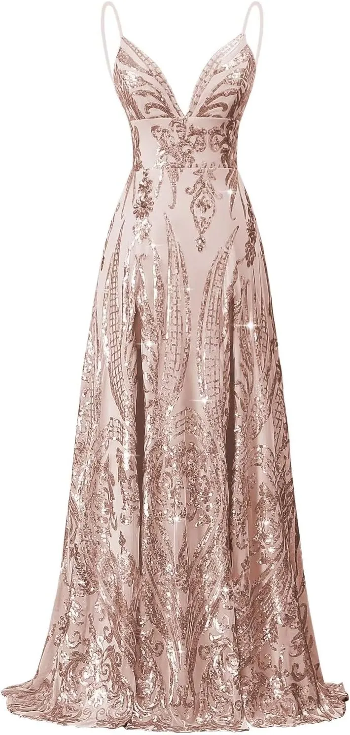Floral Sequin Prom Dresses Spaghetti Straps Ball Gown Plus Size Formal Dresses for Women Evening Party