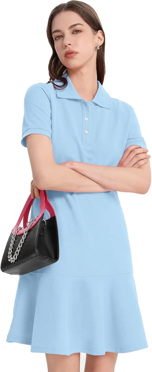 Flygo Womens Polo Dress Collared Short Sleeve Ruffle Golf Tennis T Shirt Sports Workout Mini Summer Dresses Tunic Pique