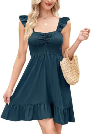 For G and PL Womens Casual Summer Babydoll Smocked Sleeveless Beach Mini Sundresses