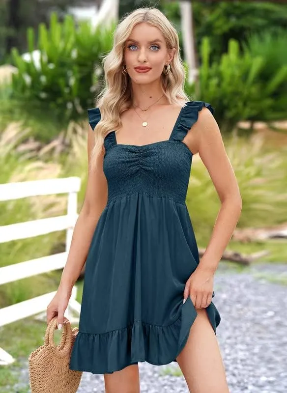 For G and PL Womens Casual Summer Babydoll Smocked Sleeveless Beach Mini Sundresses