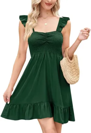For G and PL Womens Casual Summer Babydoll Smocked Sleeveless Beach Mini Sundresses