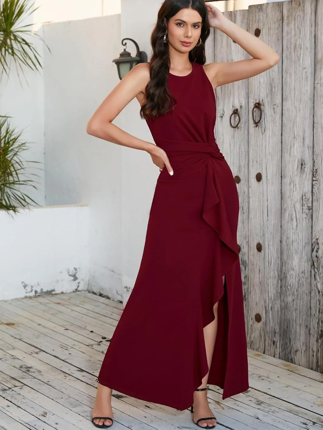 FQA Semi Formal Dresses for Women Evening Party Prom Dress Long Elegant Crew Neck Sleeveless Ankle Length