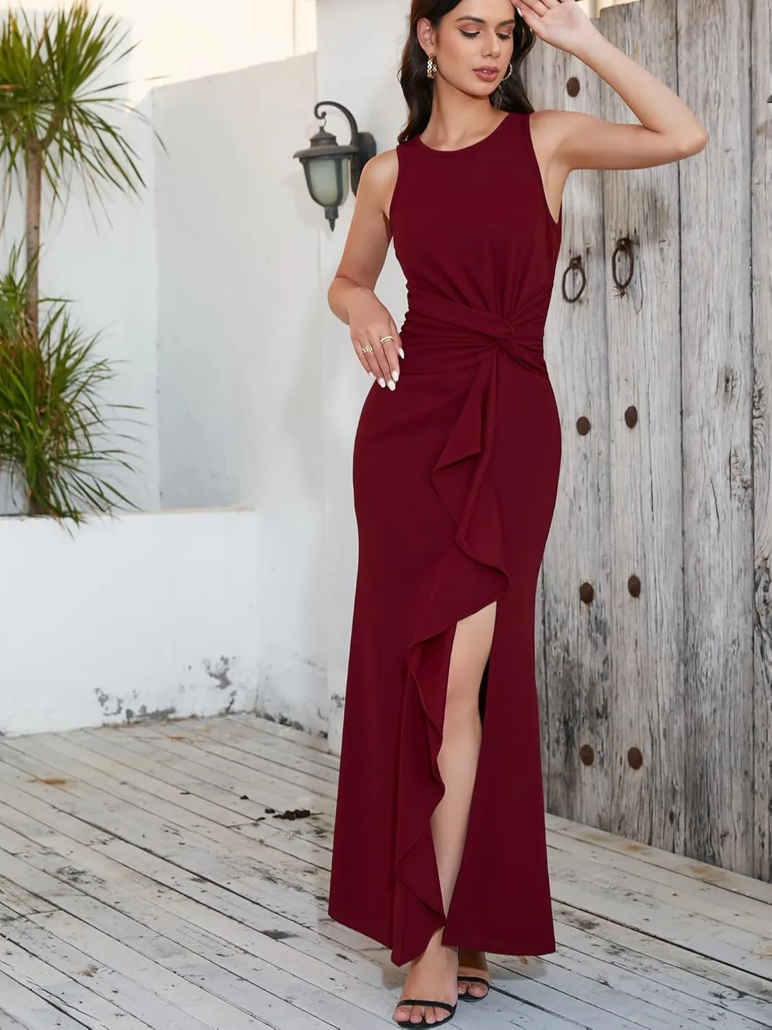 FQA Semi Formal Dresses for Women Evening Party Prom Dress Long Elegant Crew Neck Sleeveless Ankle Length