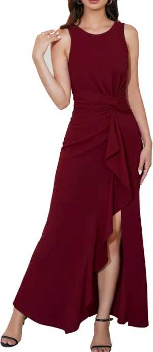 FQA Semi Formal Dresses for Women Evening Party Prom Dress Long Elegant Crew Neck Sleeveless Ankle Length