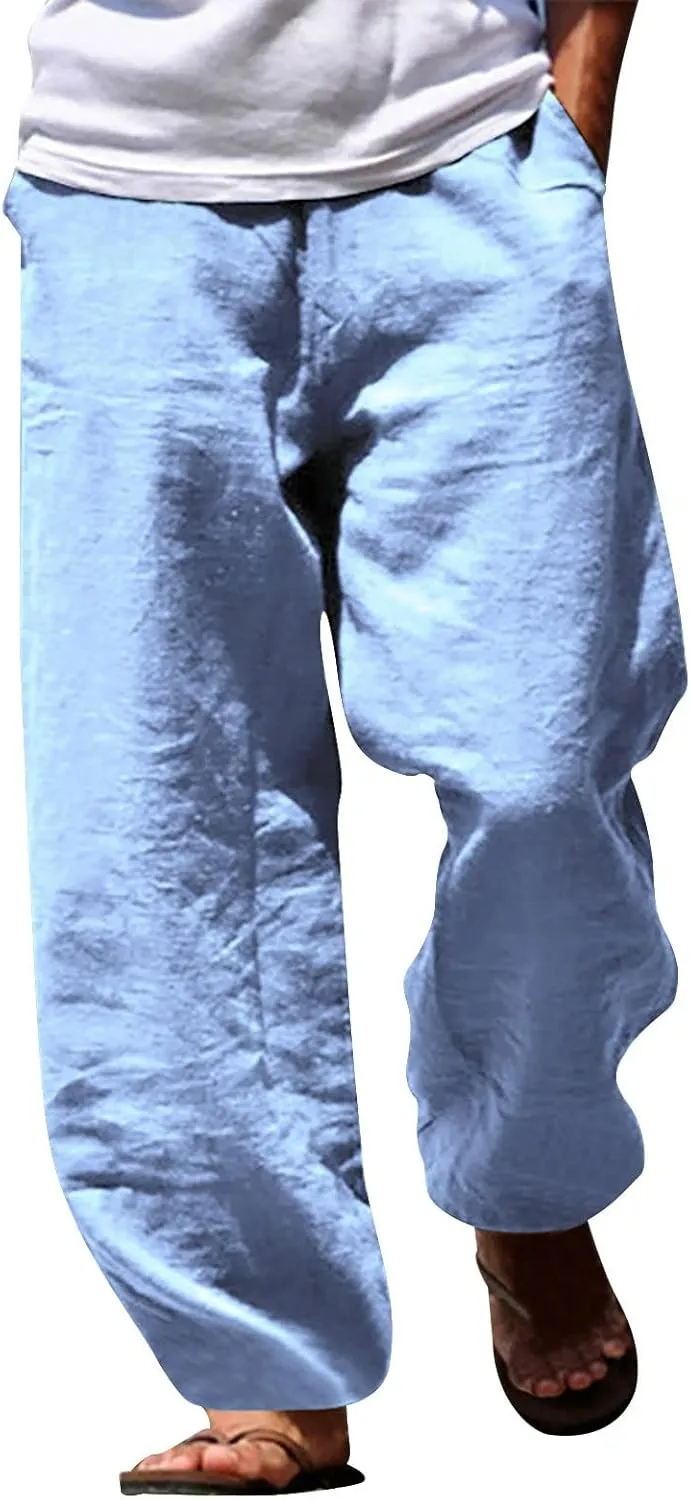 GIERIDUC Mens Casual Linen Pants Loose Fit Elastic Drawstring Waist Straight Leg Hippie Trousers Summer Yoga Beach Long Pants