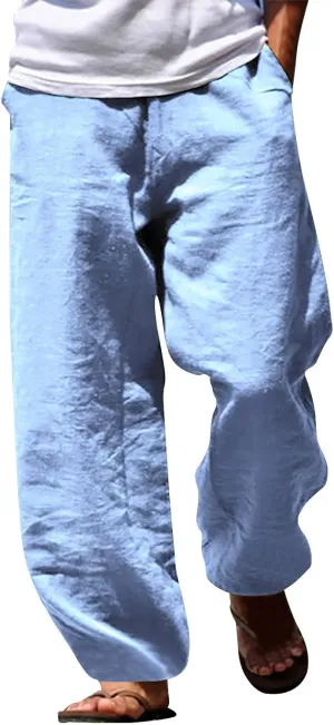 GIERIDUC Mens Casual Linen Pants Loose Fit Elastic Drawstring Waist Straight Leg Hippie Trousers Summer Yoga Beach Long Pants
