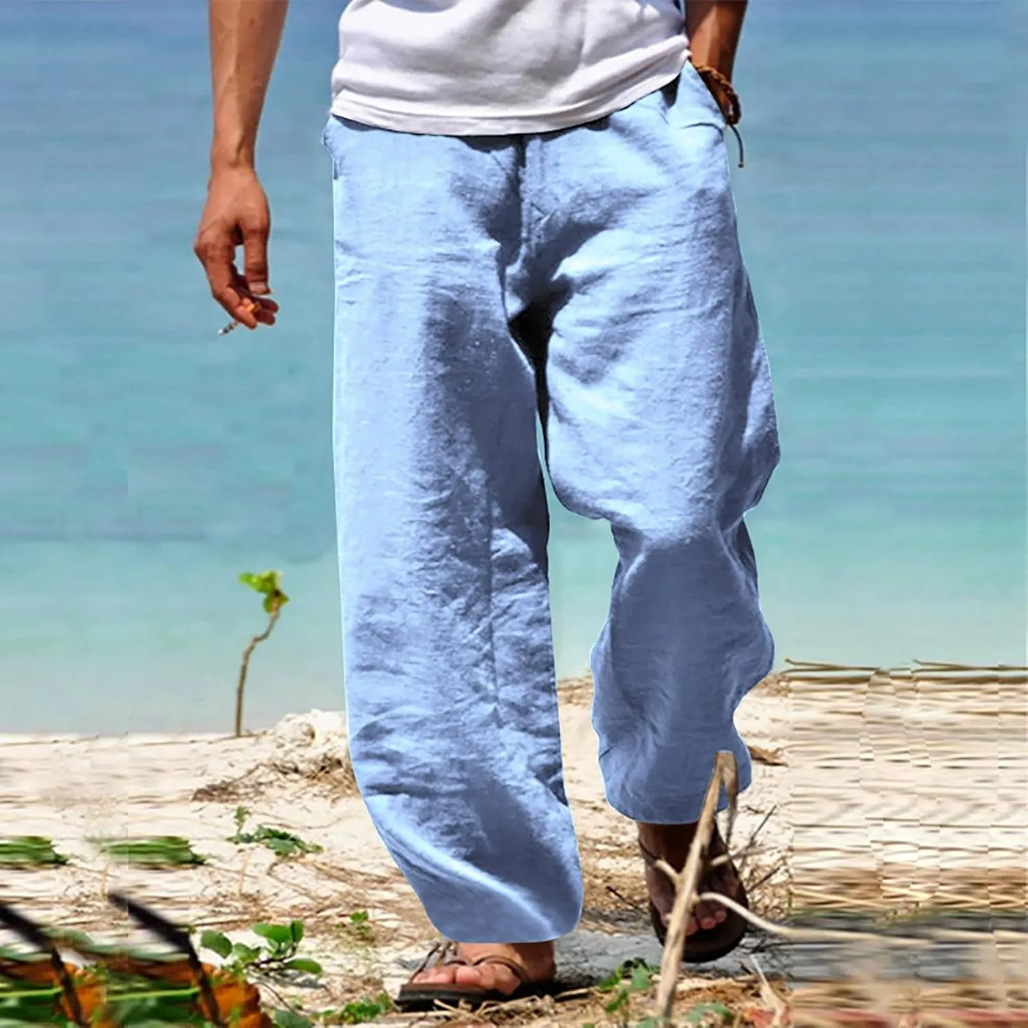 GIERIDUC Mens Casual Linen Pants Loose Fit Elastic Drawstring Waist Straight Leg Hippie Trousers Summer Yoga Beach Long Pants